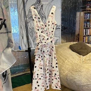Max and Cleo small petite, white with pink tan and brown polka dots & tie waist
